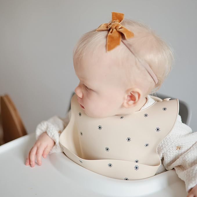 mushie Silicone Baby Bib | Adjustable Fit Waterproof Bibs (Black Daisy)-BubblyBeeBaby