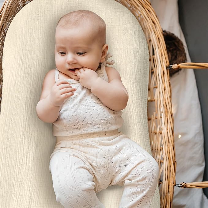 Hooyax Muslin Baby Lounger Cover 2 Pack, Soft and Breathable Newborn Lounger, Adorable Slipcover for Boys & Girls (Brown, Wheat)-BubblyBeeBaby