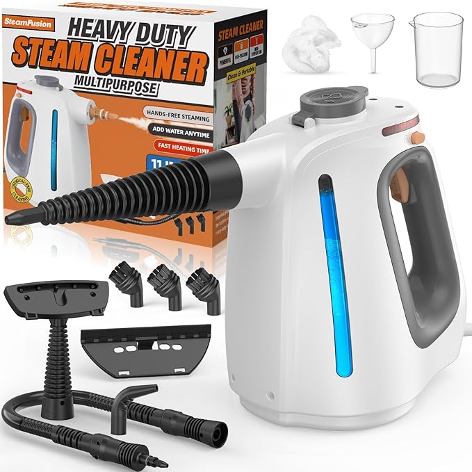 Heavy Duty Handheld Steam Cleaner for Cleaning with Lockable Steam Button&11pcs Accessories, Unlimited Water Addition for Continuous Steaming, Multi-Purpose Steamer for Cleaning Car, Grout (grey)-BubblyBeeBaby