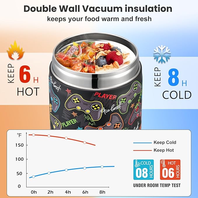 17oz Soup Thermo for Hot Food Kids,Insulated Food Jar with Spoon,Thermo Hot Food Lunch Container,Wide Mouth Leakproof Stainless Steel Lunch Box for School-Black Game-BubblyBeeBaby
