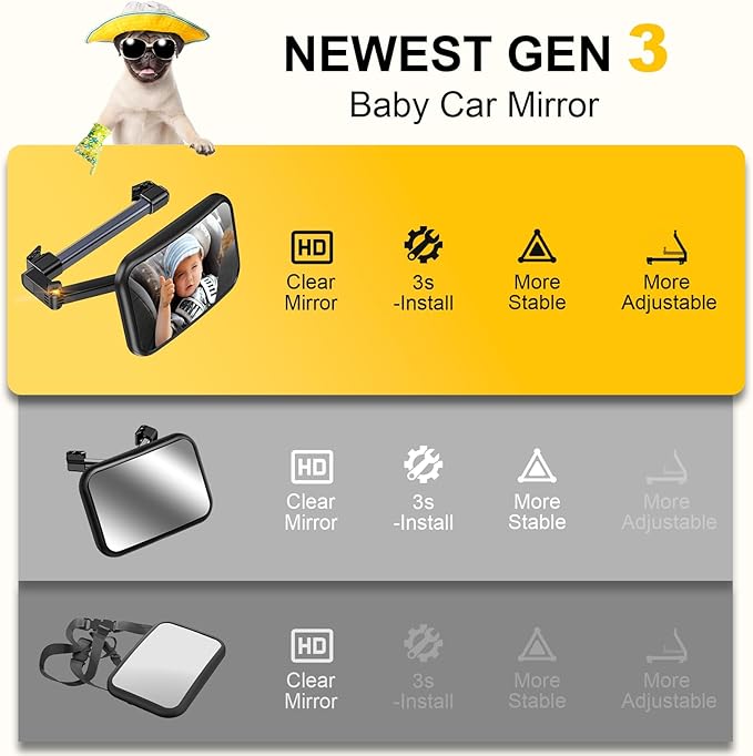 Baby Car Mirror, Stretchable 360° Caring Baby Mirror for Car Seat Rear Facing Seat Infant Shatterproof, Baby Essentials for Newborn, Crash Tested and Certified-BubblyBeeBaby