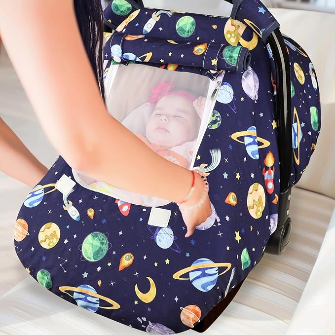Baby Carseat Cover Winter, Pea Pod Infant Car Seat Covers Canopy for Newborn with 2 Layers Windows of Breathable Mesh/Fabric, Lightweight Polyester/Minky Dot Backing, Snug Fit Most Baby Car Seat-BubblyBeeBaby