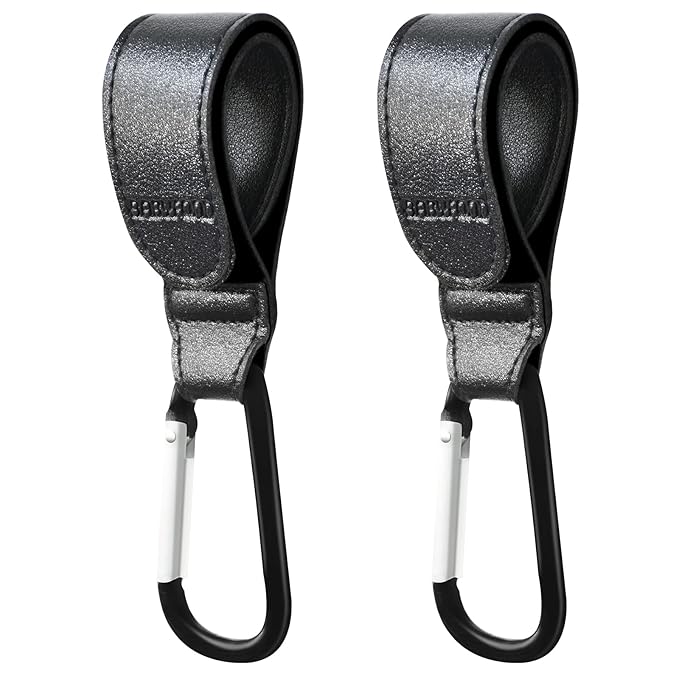 Stroller Hooks for Hanging, 2 PCS Durable Leather Style Stroller Clip Straps, Baby Stroller Hooks for Diaper Bags Grocery Shopping Bags, Mommy Hook for Stroller (Black)-BubblyBeeBaby