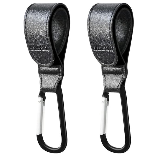 Stroller Hooks for Hanging, 2 PCS Durable Leather Style Stroller Clip Straps, Baby Stroller Hooks for Diaper Bags Grocery Shopping Bags, Mommy Hook for Stroller (Black)-BubblyBeeBaby