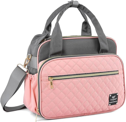 Crossbody Small Diaper Bag, Cute Mini Baby Diaper Tote Bags with Insulated Pockets for Traveling Outdoor Parent, Pink & Gray-BubblyBeeBaby