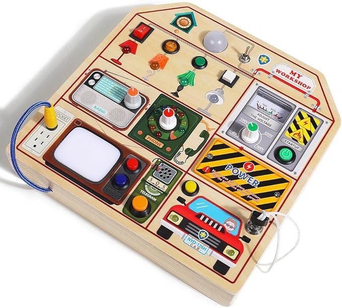 JAUNTY Montessori Wooden Busy Board for Toddlers 3 4 5 Years Old, Wooden Sensory Toddler Toys with LED Light Switches, TV Radio Telegram and Car Driving, Travel Toys Birthday for Boys Girls-BubblyBeeBaby