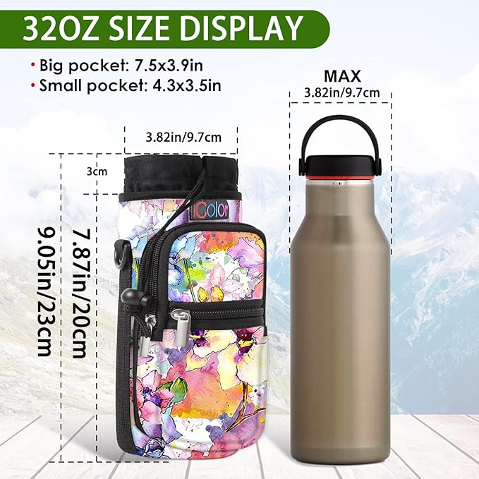 icolor Water Bottle Carrier Bag with Strap 25/32/40 oz Crossbody Bottle Holder with Phone Pocket Sling Sleeve Insulated Neoprene Water Bottle Pouch for Walking Travelling-BubblyBeeBaby