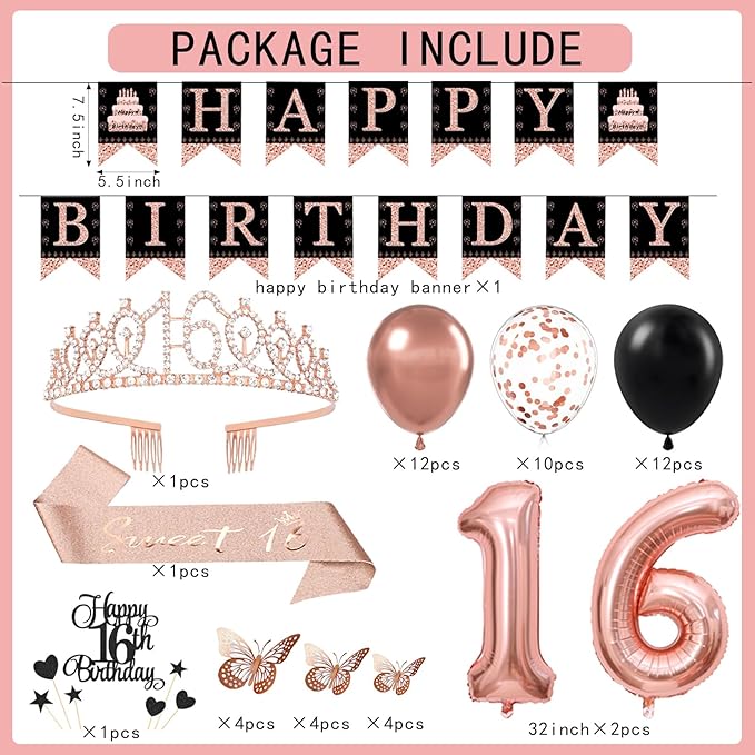 16th Birthday Decorations for Girls - 56pcs Rose Gold Happy 16th Banner, 16th Birthday Crown Sash, Cake Topper, Number 16 balloons, 3D Butterflies, 4 Balloon Stands kits-BubblyBeeBaby