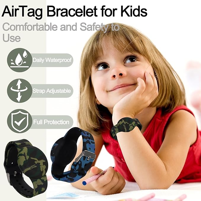 2 Pack Waterproof Bracelet for AirTag Kids, Hidden Printed Wristband for Apple Air Tag, Silicone Holder for AirTag GPS Tracker Case for Band for Child Toddler, Secure Anti-Lost Protection(Camouflage)-BubblyBeeBaby