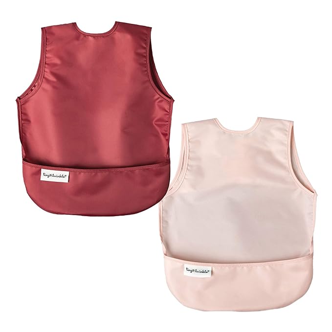 Tiny Twinkle Mess Proof Apron Bibs - 2 Pack Waterproof & Lightweight Baby Bibs for Led Weaning | 100% Recycled Polyester, Easy Clean & Machine Washable (Rose Burgundy,Small 6-24 Months)-BubblyBeeBaby