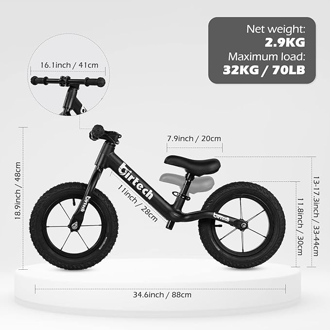 12" Balance Bike for 2, 3, 4, 5 Year Old Boys and Girls, Lightweight Nylon Frame Toddler Training Bike No Pedal Bikes for Kids with Adjustable Seat and Air Tires-BubblyBeeBaby