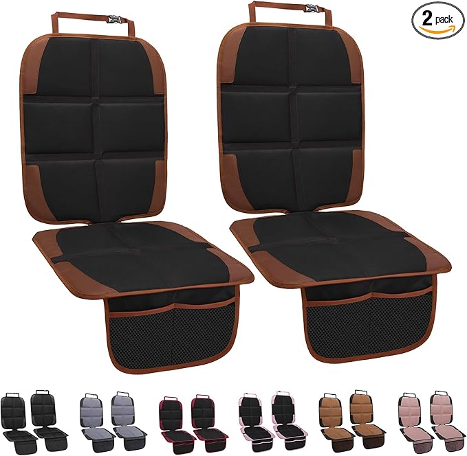 Car Seat Protector for Child, 2 Pack With Mesh Pockets & Non-Slip Backing 600D Durable Under Baby Seat Cover for Back Seat (Dark Brown, Standard)-BubblyBeeBaby