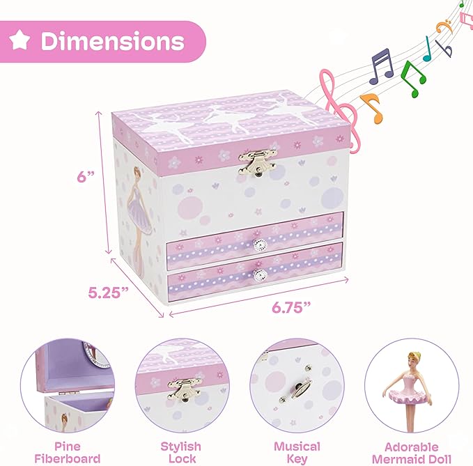 Jewelkeeper Jewelry Box for Girls with Ballerina and Music Box - Dual Drawers and Spacious Storage - Swan Lake Tune - White and Purple Jewelry Keepsake Chest - 6 x 6.75 x 5.25 Inches-BubblyBeeBaby
