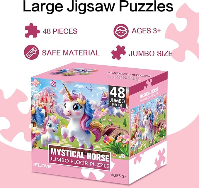Jumbo Floor Puzzle for Kids,48 Piece Unicorn Large Jigsaw Puzzles,Puzzle for Toddler Ages 3-5,Fun Educational Preschool Learning Toy Gift for Boys & Girls Ages 4-8-BubblyBeeBaby