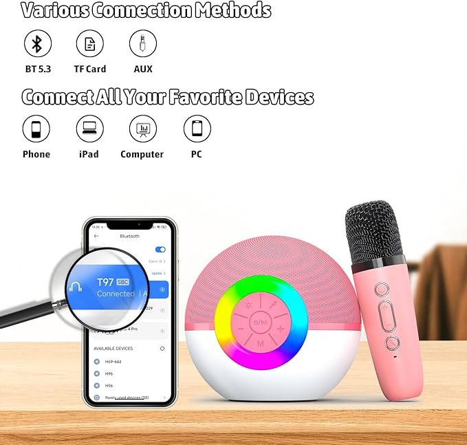 Karaoke Microphone Machine Toys for Kids Adults, Mini Portable Bluetooth Speaker with 2 Wireless Mics, Christmas Birthday Gifts for Boys Girls Ages 3 4 5 6 7 8 9 10 11 12+ Year (Pink)-BubblyBeeBaby
