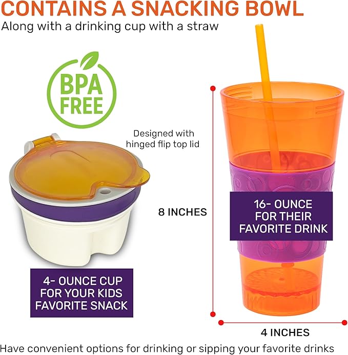 2 in 1 Snack Drink Cup Kids Spill Proof Tumbler Plastic Straw Lid Locks 16 Oz-BubblyBeeBaby