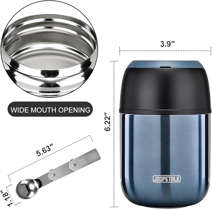 17 oz Insulated Lunch Containers, Blue, Vacuum Stainless Steel Thermo Lunch Box with Handle and Folding Spoon for School, Office, Travel-BubblyBeeBaby