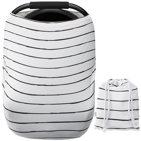 Car Seat Cover Baby – Multi-use Nursing Cover-Up for Breastfeeding, Carseat Canopy Cover, Stretchy Infant Stroller Covers for Boys and Girls (White with Black Stripes)-BubblyBeeBaby