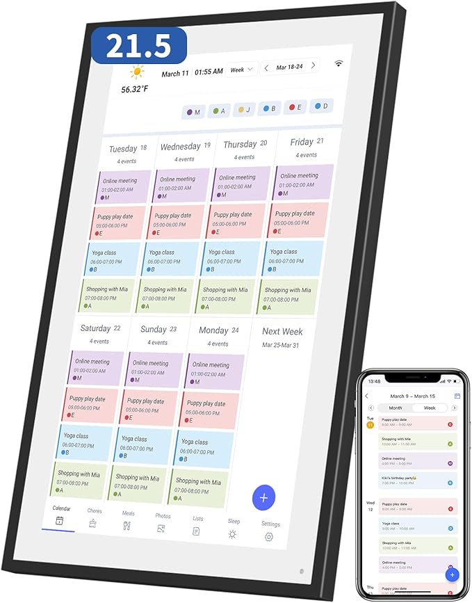 21.5 Inch Digital Calendar, Electronic Chore Chart, Smart Weekly and Monthly Planner 1920 * 1080P IPS Touchscreen Wall and Desk Calendar for Family Schedules, Black-BubblyBeeBaby