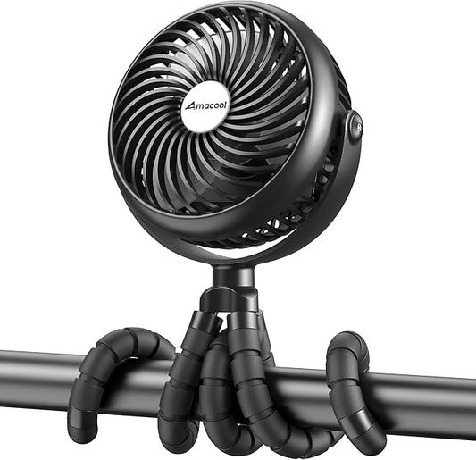 AMACOOL Baby Stroller Fan - 5000mAh Rechargeable, 3-Speed, Strong Yet Quiet, 360°Rotate Portable Clip on Fan for Travel, Car Seat, Crib, Bike, Treadmill, Beach Vacation Essentials-BubblyBeeBaby