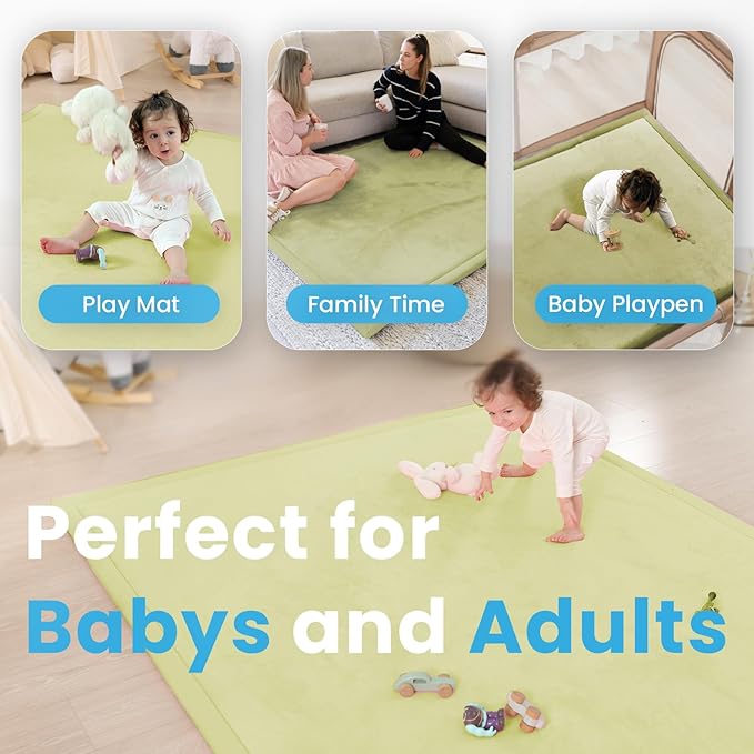 1.3" Thick Baby Play Mat for Floor, 28x72 Foam Tummy Time Mat, Padded Support Soft Plush Bedside Rugs for Infant Kids Toddler Crawling Kick Activity (Light Green)-BubblyBeeBaby