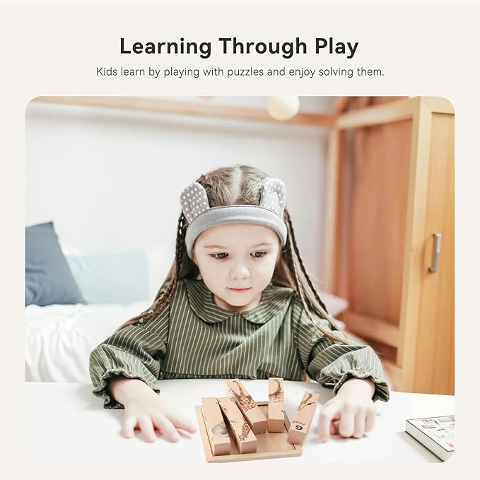 IEATFO 4 in 1 Wooden Animal Chunky Puzzle, 5 Solid Wood Puzzle Blocks with 4 Sides Realistic Safari Animals, Wooden Block Puzzle with Durable Base for Toddlers 3+ Years - Montessori Inspired-BubblyBeeBaby