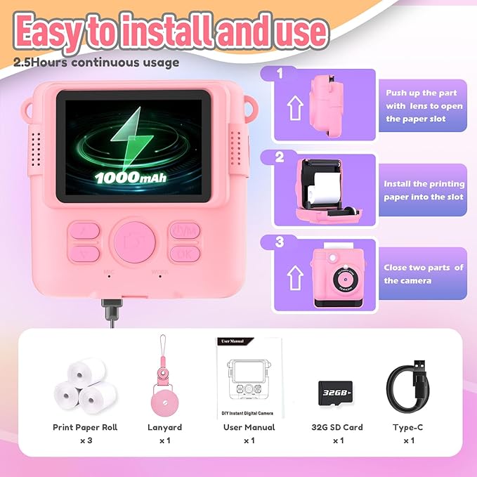 Instant Print Camera for Kids, Christmas Birthday Gifts Girls Boys Age 3-12, HD Digital Video Cameras Toddler, Portable Toy 3 4 5 6 7 8 9 10 Year Old Girl with 32GB SD Card-Pink-BubblyBeeBaby