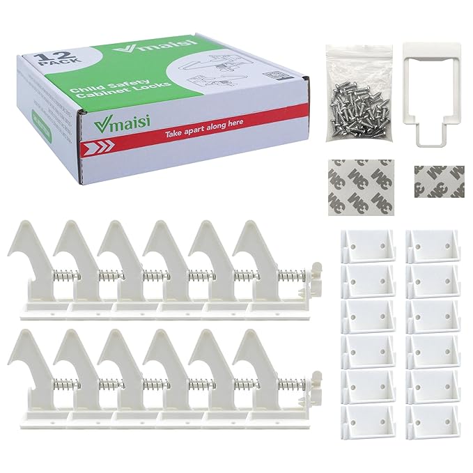 12 Pack Cabinet Locks Child Safety Latches - Vmaisi Baby Proofing Cabinets Drawer Lock with Adhesive Easy Installation - No Drilling or Extra Screws (White)-BubblyBeeBaby