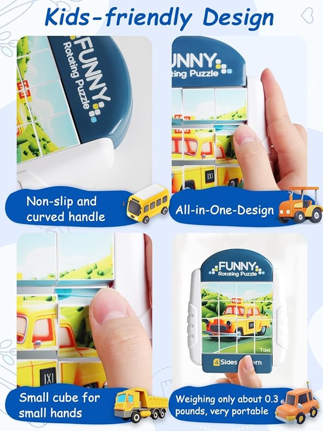 16-Piece Rotating Puzzles for Kids 4-6, Toddlers Puzzles 2-4, Road Trip, Airplane Activities Game, Travel Toys - Brain Teaser, Fine Motor Skills, Birthday Gifts Boys & Girls - Transportation-BubblyBeeBaby