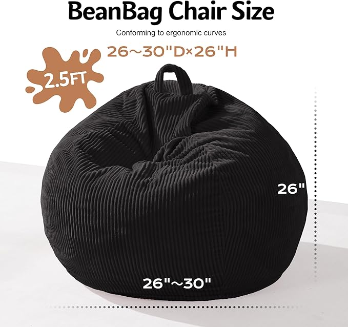 Homguava 2FT Bean Bag Chair,Teardrop Bean Bags Small Beanbag Chair with Memory Foam Filled and Ultra Soft Corduroy Cover for Living Room, Bedroom (Small,Black)-BubblyBeeBaby