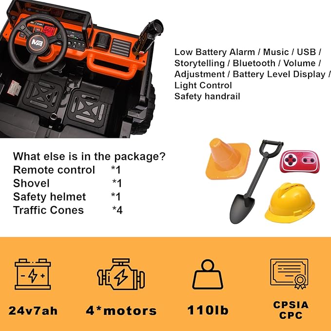 24V Ride On Dump Truck, 24inch-2 Seater Ride On Car for Kids w/Remote Control 4WD/2WD Up to 5 Mph, 24v Ride on Toys for Big Kids w/Electric Dump Bed Extra Shovel Traffic Cones (Orange)-BubblyBeeBaby