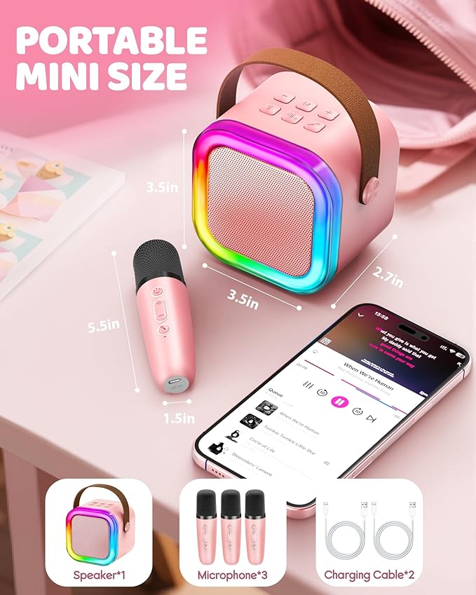 IROO Mini Karaoke Machine for Kids, 2025 TOP Toys Birthday Gifts Ideas for Girls Ages 4, 5, 6, 7, 8, 9, 10, 12+ Years Old, Portable MP3 Player with 3 Wireless Mics for Party-BubblyBeeBaby