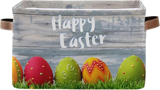 Happy Easter Eggs Storage Basket Cube Storage Bins Organizer Bag Collapsible Closet Shelf Baskets with handle for Baby Cloth Pet Toy Book 14.2×10.2×8.3 IN-BubblyBeeBaby