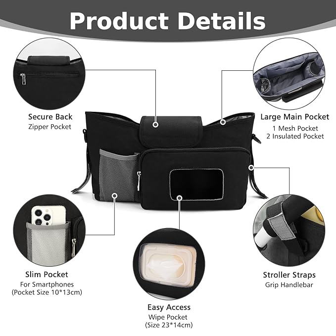 Accmor Universal Stroller Organizer with Insulated Cup Holder, Stroller Caddy Bag Accessories, Stroller Cup Holder Organizer for Uppababy Baby Jogger Britax Stroller, Black-BubblyBeeBaby