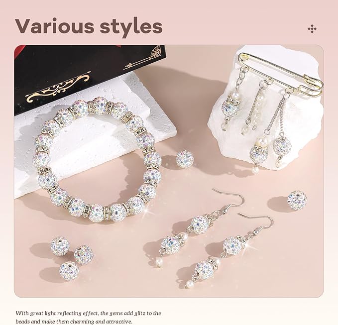 160pcs 10mm Rhinestone Beads for Jewelry Making, Crystal AB Shiny Round Disco Ball Beads Bulk, Sparkle Crystal Clay Christmas for Bracelet Baseball Necklace Earring Crafting and DIY-BubblyBeeBaby