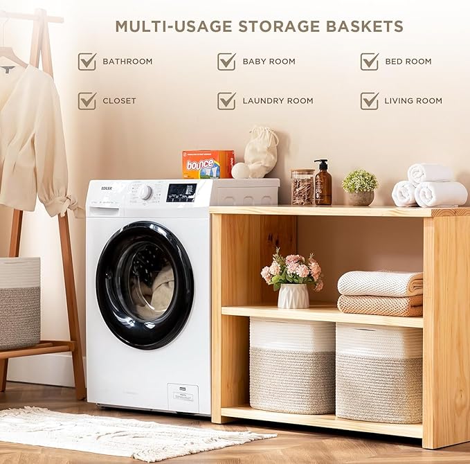 joybest Cube Storage Bins Set of 4, 11inch Cube Baskets Organizer for Nursery, Square Cotton Rope Baskets for Shelves Organizing, Kids Toy, Closet Storage, Brown and Cream White-BubblyBeeBaby