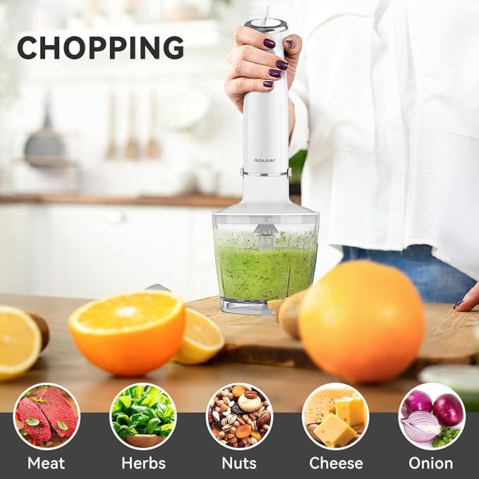 Immersion Blender Handheld 5 in 1 Hand Blender, 1000W Hand Mixer Stick, BPA-Free 12 Speed Handheld Blender with Mixing Beaker, Chopper, Whisk and Milk Frother for Soup, Sauce, Baby Food (White)-BubblyBeeBaby