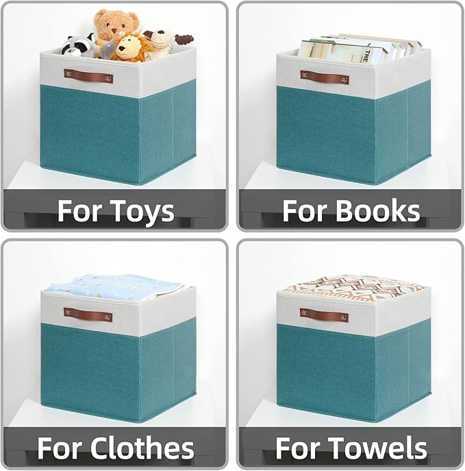 HNZIGE Fabric Storage Bins for Shelves 13x13 Storage Cubes Set Of 4 Foldable Storage Baskets with Handles for Organizing Cloth Closet Toy Nursery(Teal&White)-BubblyBeeBaby