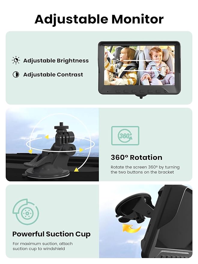 GROWNSY Dual Car Camera Baby Monitor, 7" 1080P AHD Car Camera for 2kids, Backseat Mirror for Baby Rear Facing with Infrared Night Vision, Easily Observe Baby's Every Move-BubblyBeeBaby