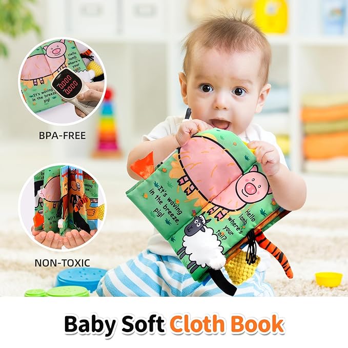 Jollybaby Baby Cloth Books, Touch & Feel Crinkle Soft Books, for Infants Babies, Toddler Early Educational Interactive Stroller Toys, Baby Girl & Boy Gift(Farm Tails)-BubblyBeeBaby