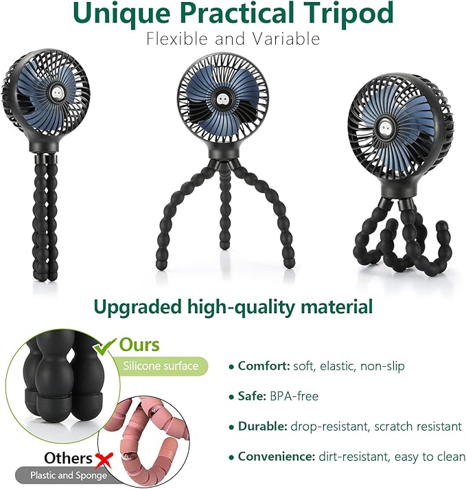 snawowo Mini Handheld Personal Portable Fan, Baby Stroller Fan, Car Seat Fan, USB or Battery Powered, with Flexible Tripod Clip on Student Bed Desk Bike Crib Treadmill Camping Traveling(Black)-BubblyBeeBaby