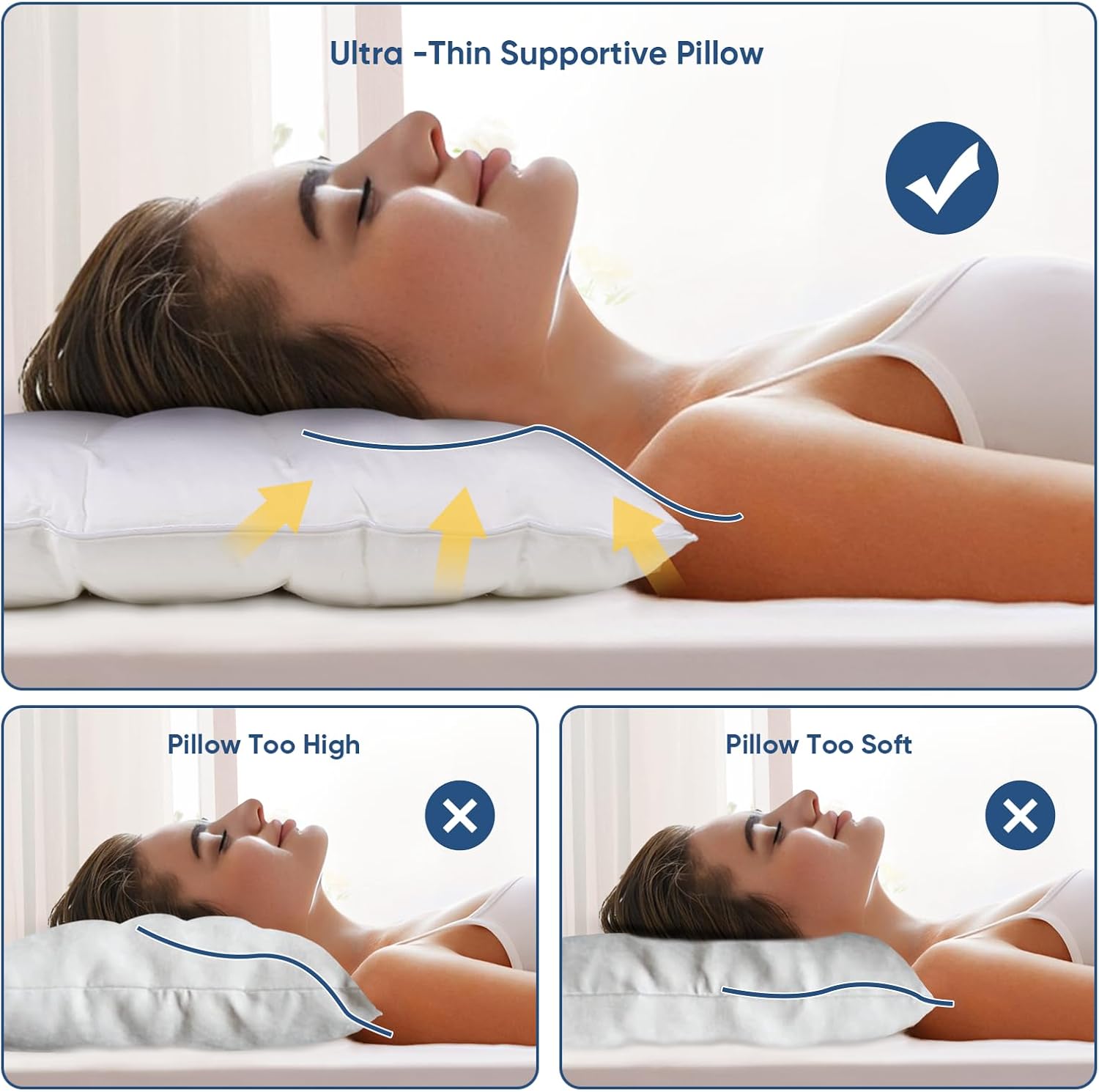 MINUPWELL Ultra Flat Pillows for Sleeping Thin, 7D High Support 2.5 inch Height Ultra Thin Pillows,Slim Bed Pillows for Stomach Sleeper,Standard Size -18x26 in