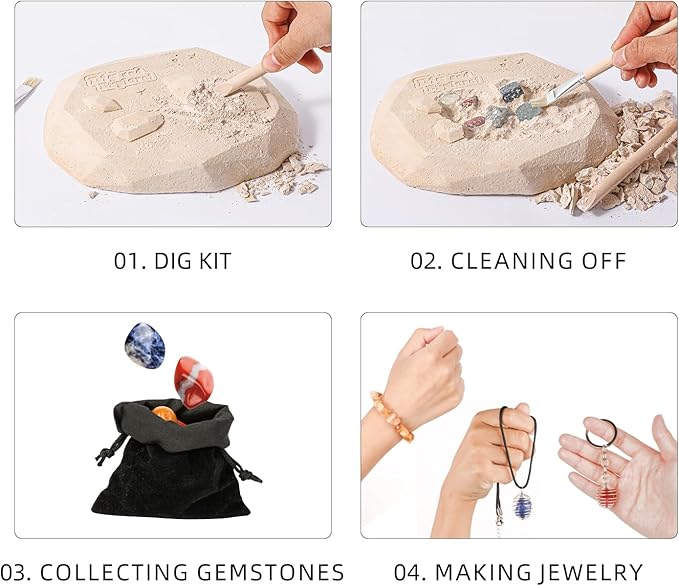 12PCS Gemstone Dig Kit for Kids – Dig Up Gems & Make Necklaces, Bracelets, Keychains – STEM Crystal Jewelry Craft Kit with Safety Goggles – Gift for Girls & Boys Ages 6 7 8 9 10 11 12-BubblyBeeBaby