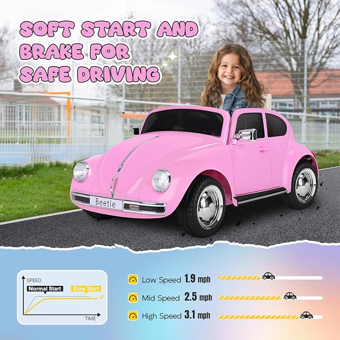 12V Kids Electric Car, Power Wheels with Remote Control, Ride on Car Toys with LED Light, 3 Speeds, Music, Pink-BubblyBeeBaby