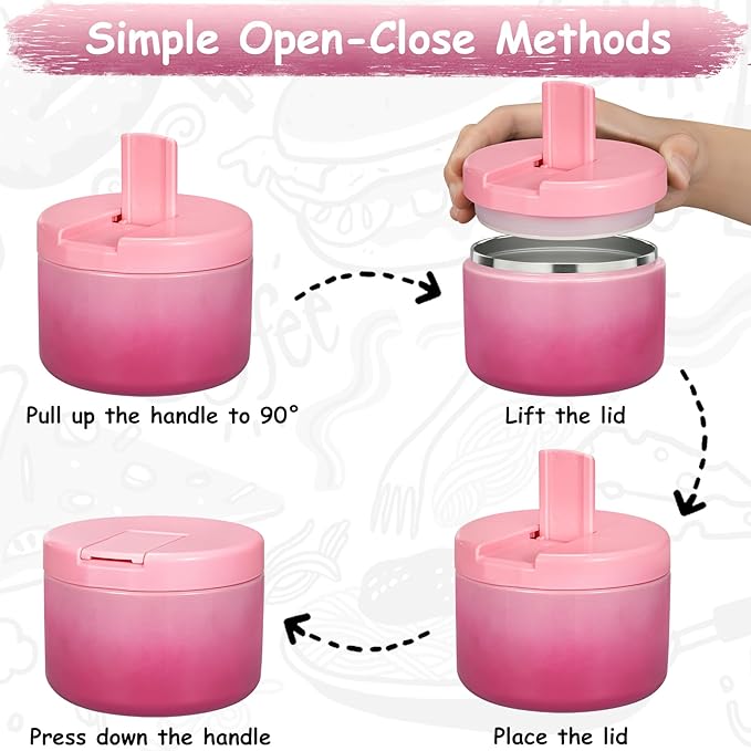 12oz Insulated Vacuum Food Jar with Buckle Lid Wide Mouth Soup Thermo for Hot Food Kids Leakproof Stainless Steel Lunch Container (Gradient Pink, 12OZ)-BubblyBeeBaby