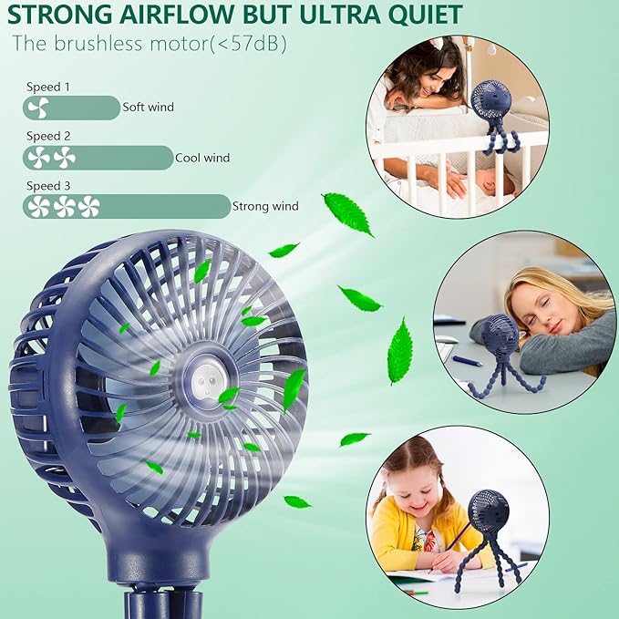 snawowo Mini Handheld Personal Portable Fan, Baby Stroller Fan, Car Seat USB or Battery Powered, with Flexible Tripod Clip on Student Bed Desk Bike Crib Treadmill Camping Traveling(Navy Blue)-BubblyBeeBaby