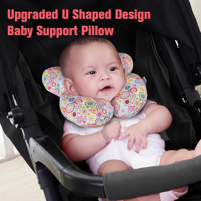 KAKIBLIN Baby Neck Pillow, Upgraded Baby Support Pillow,Baby Neck Support Pillow for Carseat, Newborn Neck Support for Car Seat,Pushchair,Travel (Flower)-BubblyBeeBaby