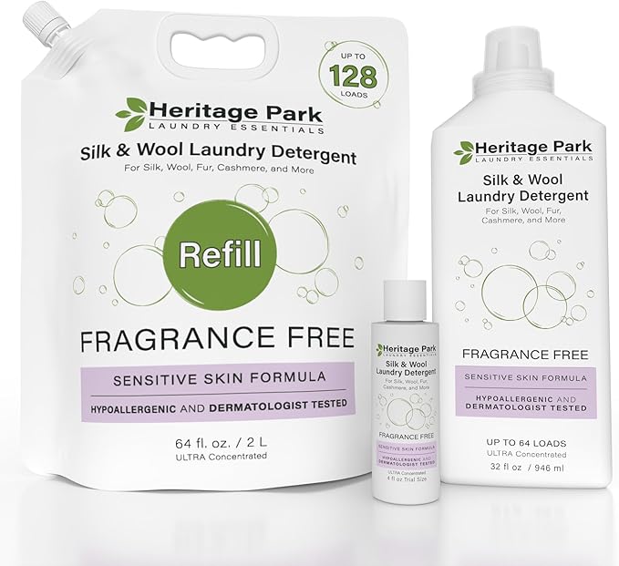 Heritage Park Silk & Wool Fragrance Free, Hypoallergenic, pH-Neutral Laundry Detergent - Dermatologist-tested, Sensitive Skin-Friendly, Enzymes-Free, Ultra Concentrated (4 Fl Oz)-BubblyBeeBaby