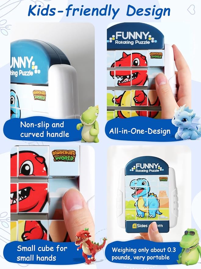 16-Piece Rotating Puzzles for Kids 4-6, Toddlers Puzzles 2-4, Road Trip, Airplane Activities Game, Travel Toys - Brain Teaser, Fine Motor Skills - Birthday Gifts Boys Girls - Dinosaur-BubblyBeeBaby