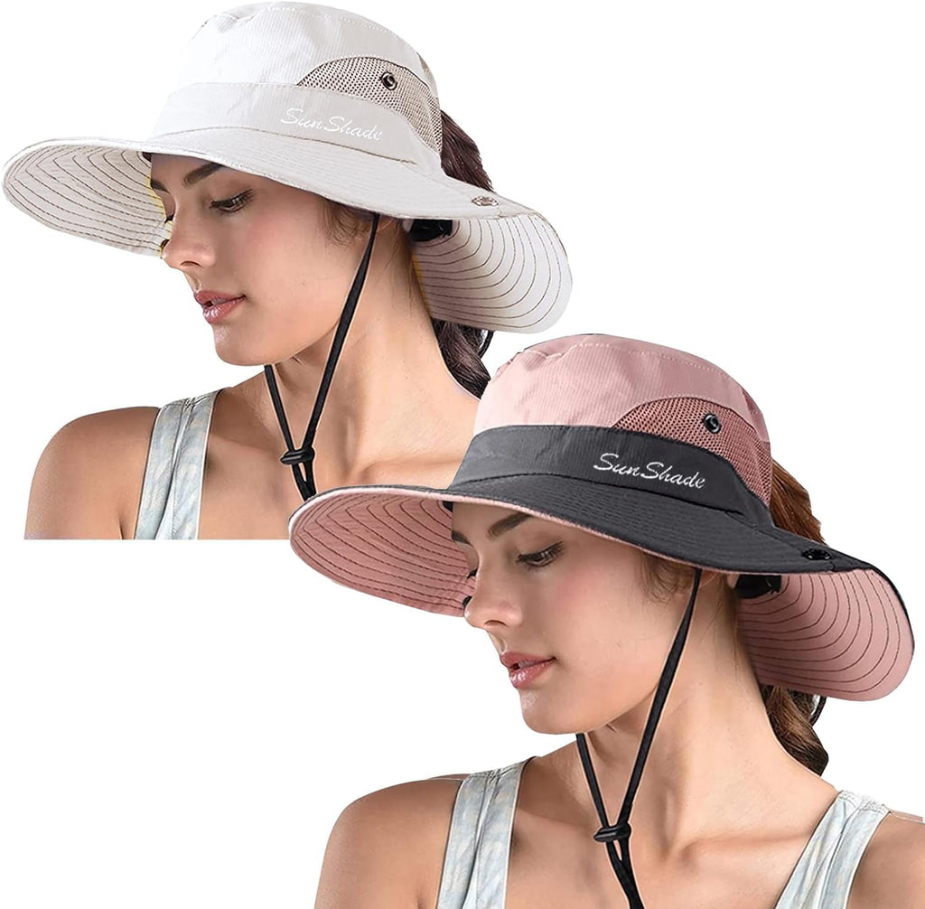 ZOORON Women's Ponytail Safari Sun Hat,Wide Brim UV Protection Outdoor Bucket Hat,Foldable Beach Summer Fishing Hat